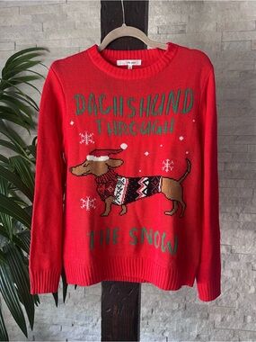 Belle du jour Red 'Dachshund Through The Snow' Holiday Weiner Dog Sweater M